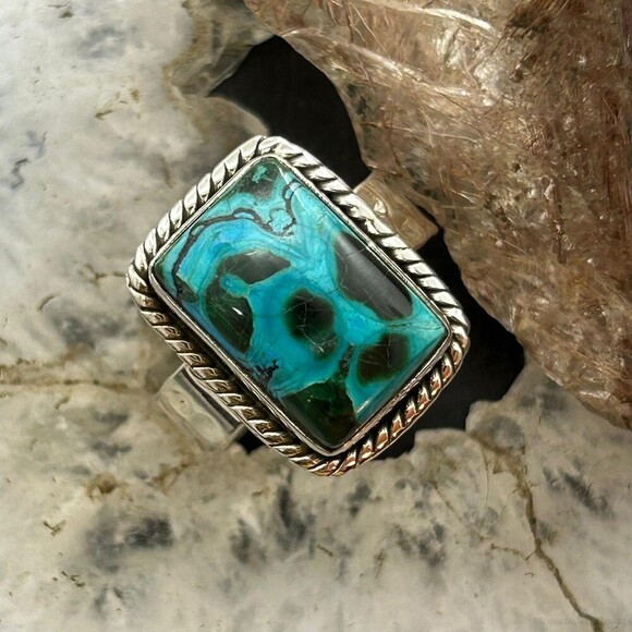 Sterling Silver Southwestern Style Malachite Chrysocolla Bar Ring S 10 For Women - Picture 1 of 10